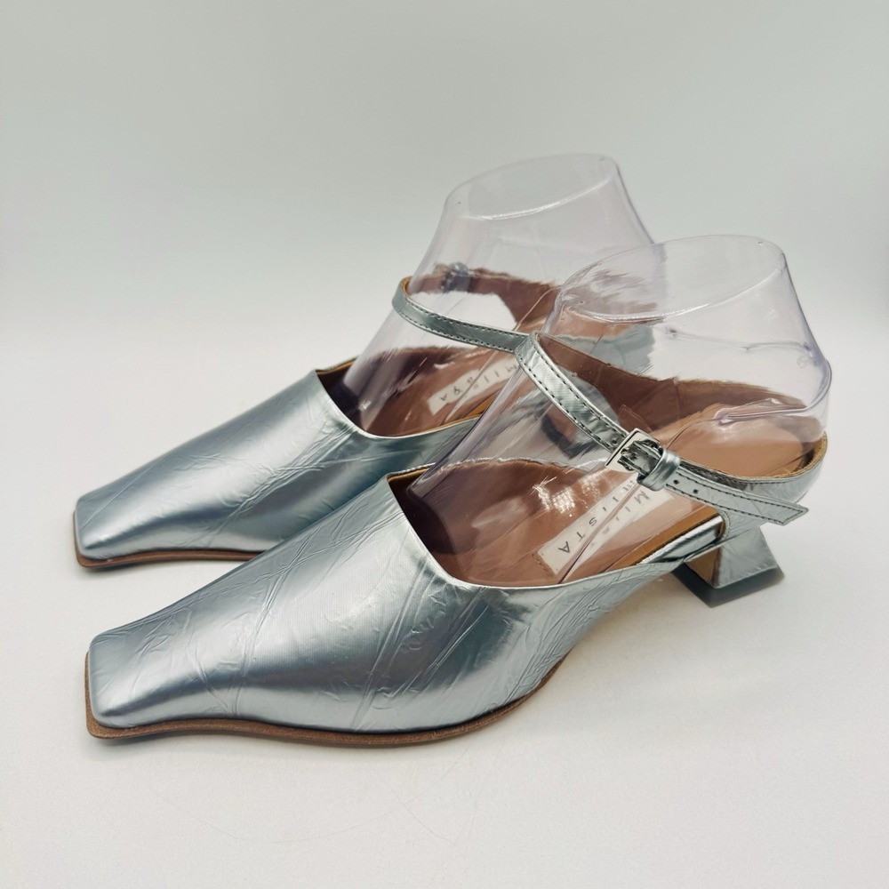 Miista Delf Pumps Women's Size 7.5 EU 38 Silver Blue‎ Court Leather Heel Caps